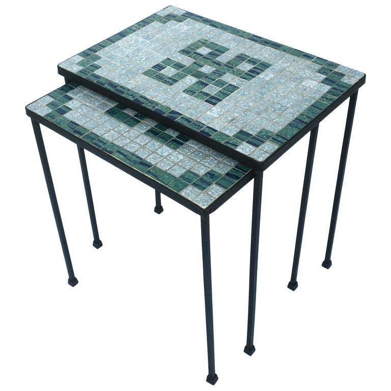 Italian MidCentury Modern Mosaic Tile Top Nesting Tables, Set of 2 For