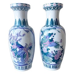 Vintage Chinoiserie Porcelain Hand Painted Floor Vases