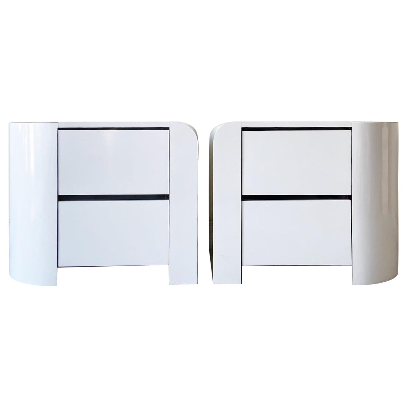 1980s Postmodern White and Black Lacquer Laminate Nightstands - a Pair