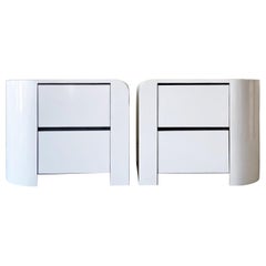 Retro 1980s Postmodern White and Black Lacquer Laminate Nightstands - a Pair