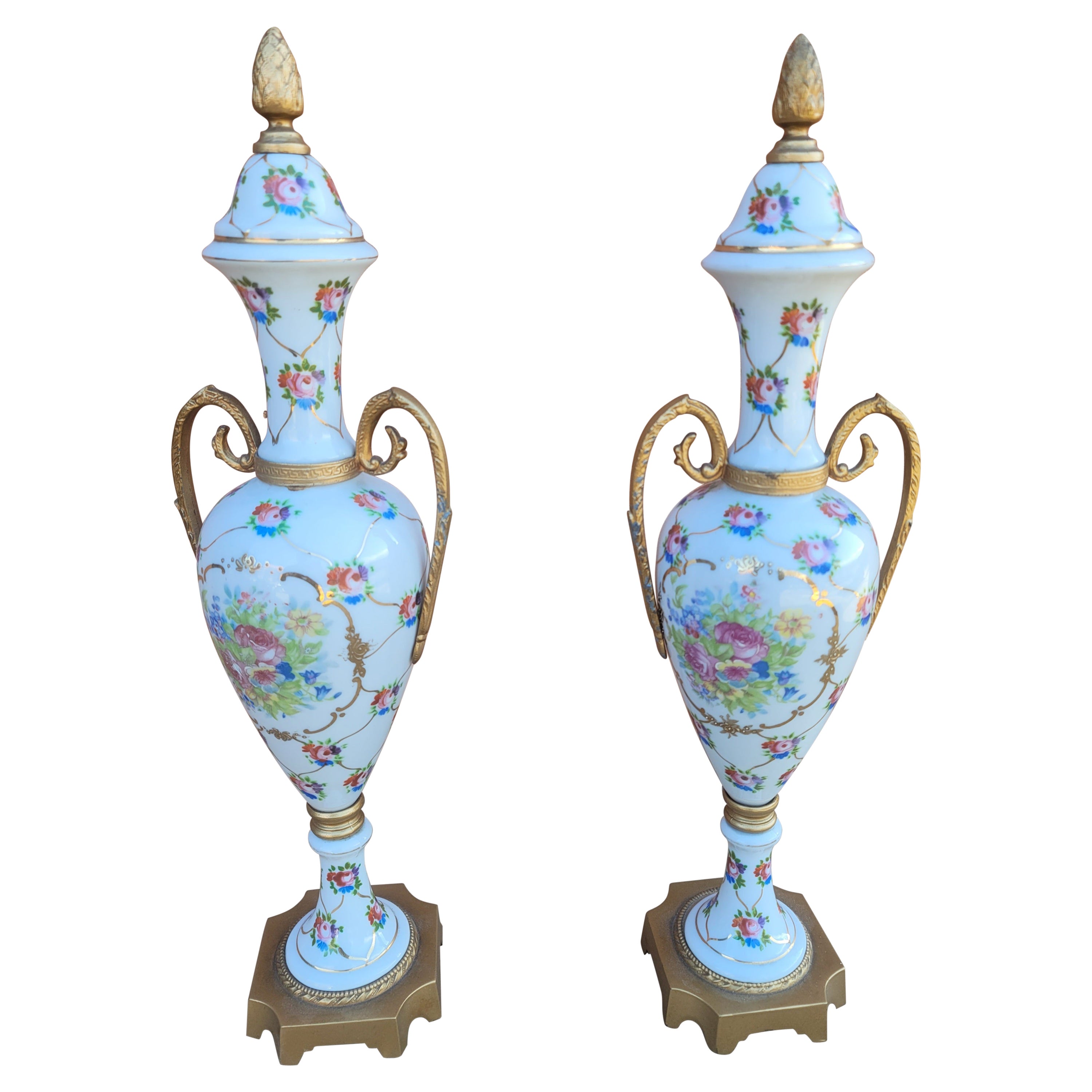 Pair of French Hand-Painted Porcelain and Gilt Metal Amphoras For Sale