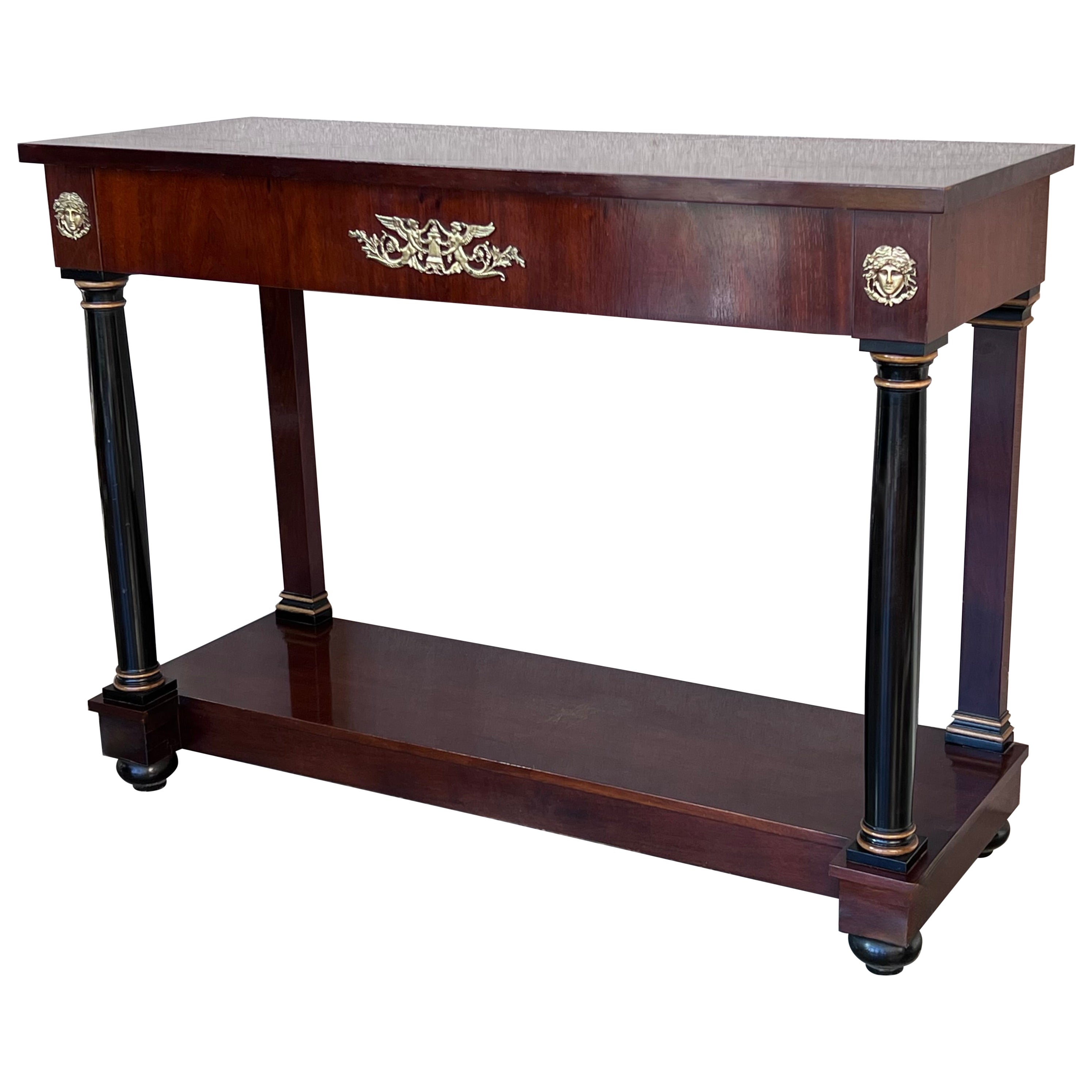 Biedermeier Console with Ebonized Columns and Bronze Mounts and Drawer For Sale