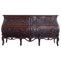 Antique 19th Century French Provincial Louis XV Carved Walnut Bombe Double Commode