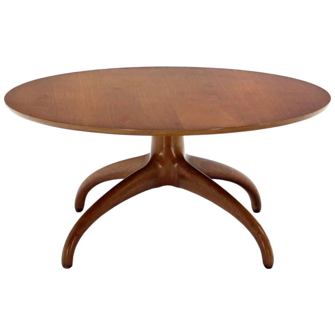 Sculptural Solid Walnut Base Round Coffee Table by Henredon Spider Slay Leg