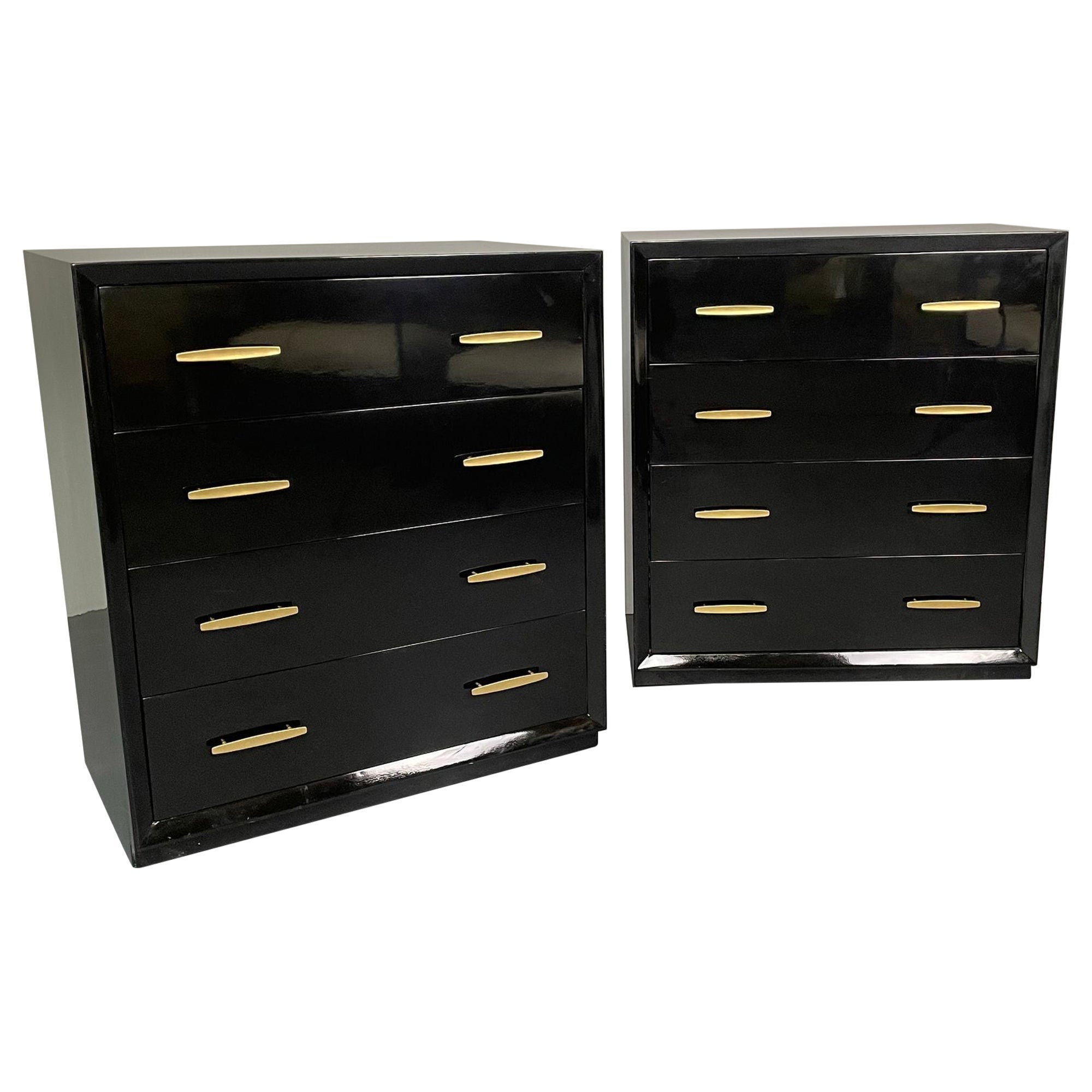 Pair of Mid-Century Modern Ebony Lacquered Chests, Dressers, Brass, American For Sale