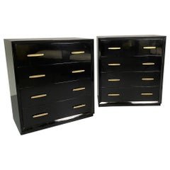 Vintage Pair of Mid-Century Modern Ebony Lacquered Chests, Dressers, Brass, American