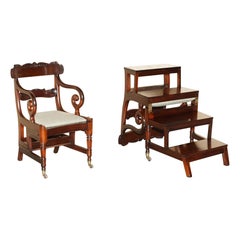 Antico 1830 William IV Legno duro fiammato Metamorfico Poltrona da biblioteca Gradini