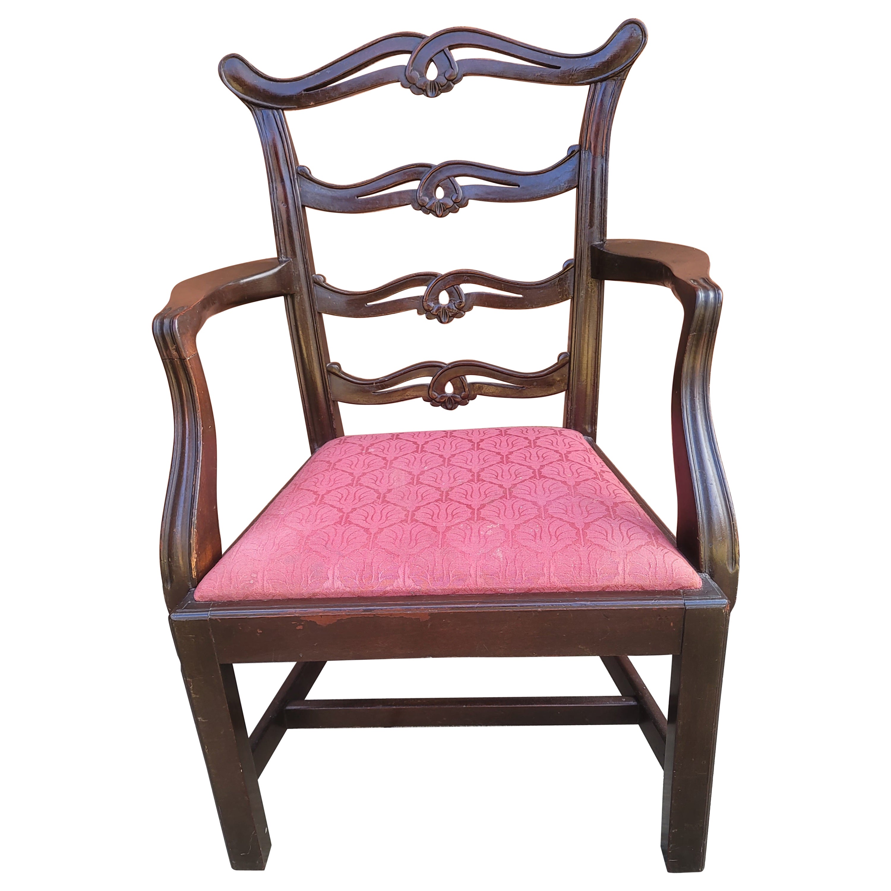 George III Style Pierced Ladder Back Mahogany & Upholstered Seat Child Armchair For Sale