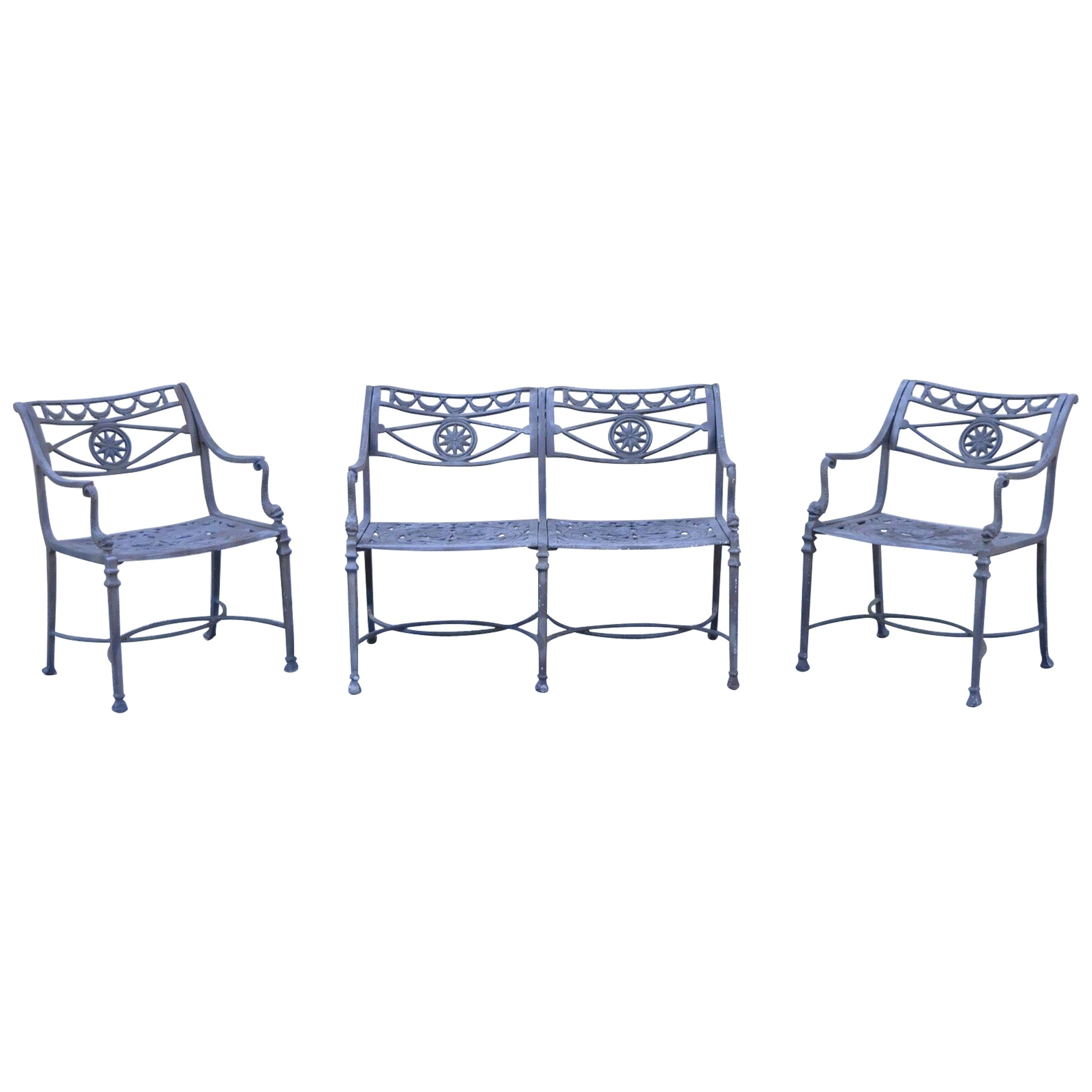 Neoclassical Style Molla Style Dolphin Cast Aluminum Patio Settee & Chairs 3 Pcs
