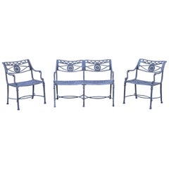 Vintage Neoclassical Style Molla Style Dolphin Cast Aluminum Patio Settee & Chairs 3 Pcs
