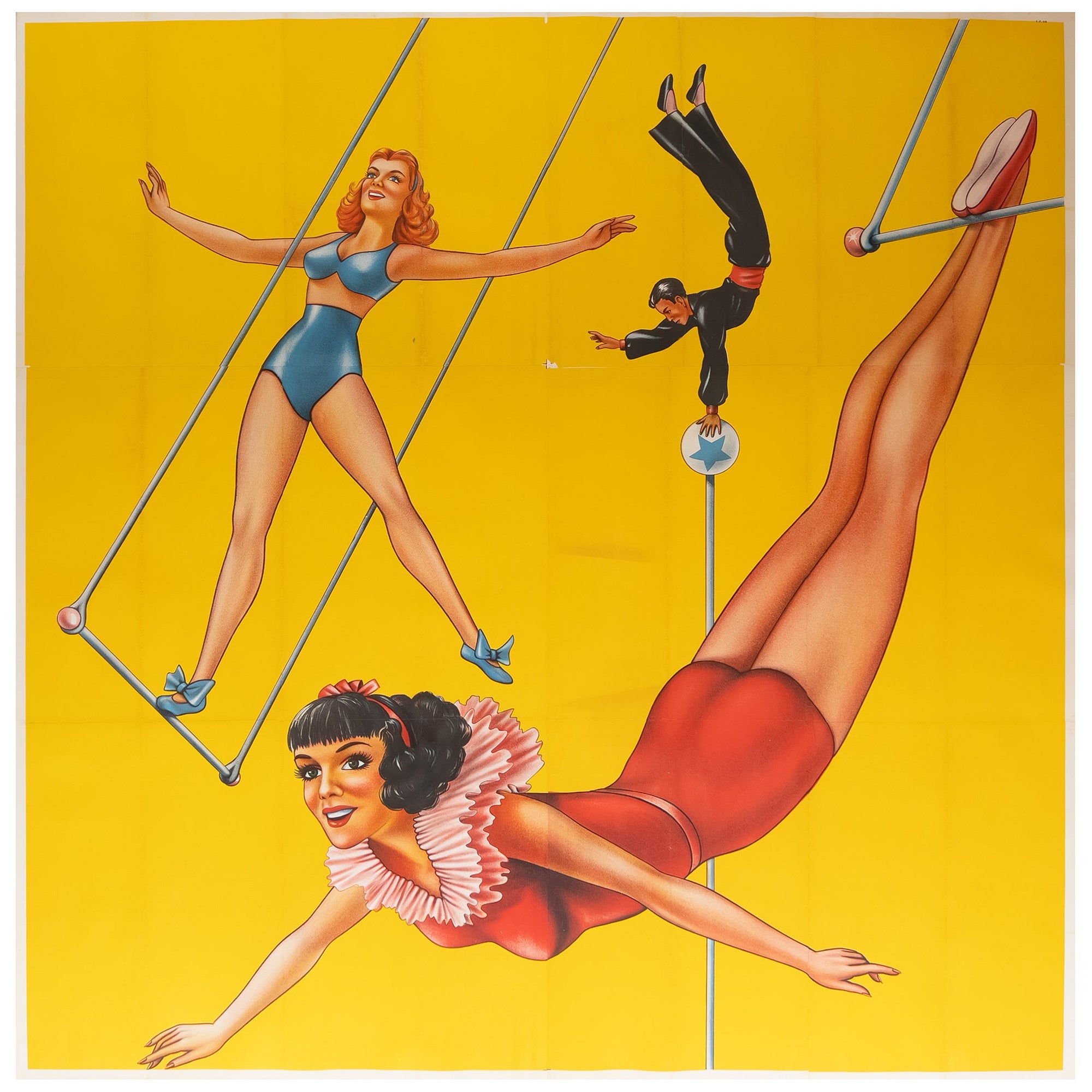 Affiche publicitaire « CIRCUS TRAPEZ », États-Unis, années 1960, GIANT 6 feuilles, support en lin