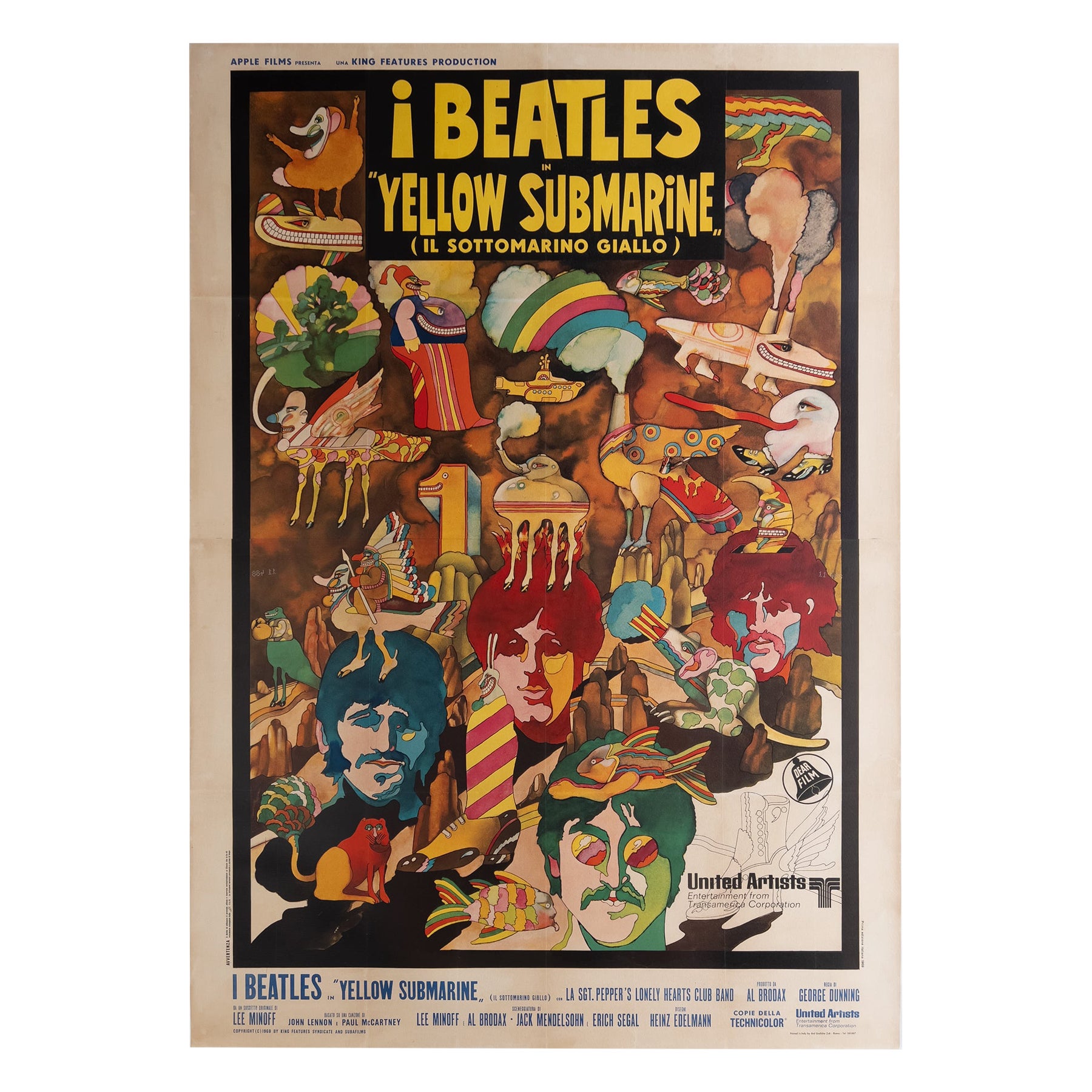 Affiche d'origine italienne du film Submarine jaune, 1968 4 FOGLIO, support en lin