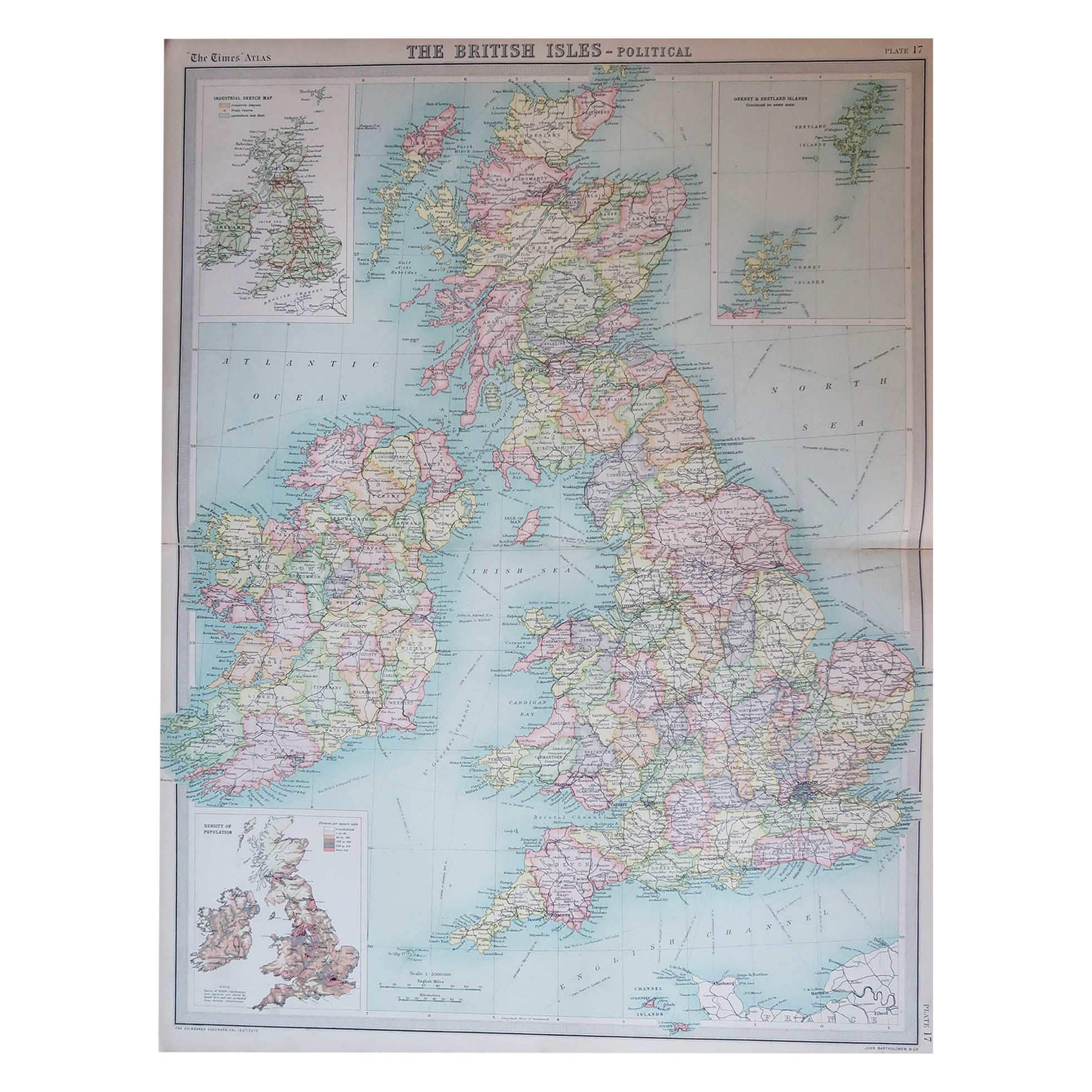 Grande carte originale du Royaume-Uni d'époque, vers 1920