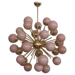 Midcentury Sputnik Spherical Pink Glass and Brass Chandelier, 2000