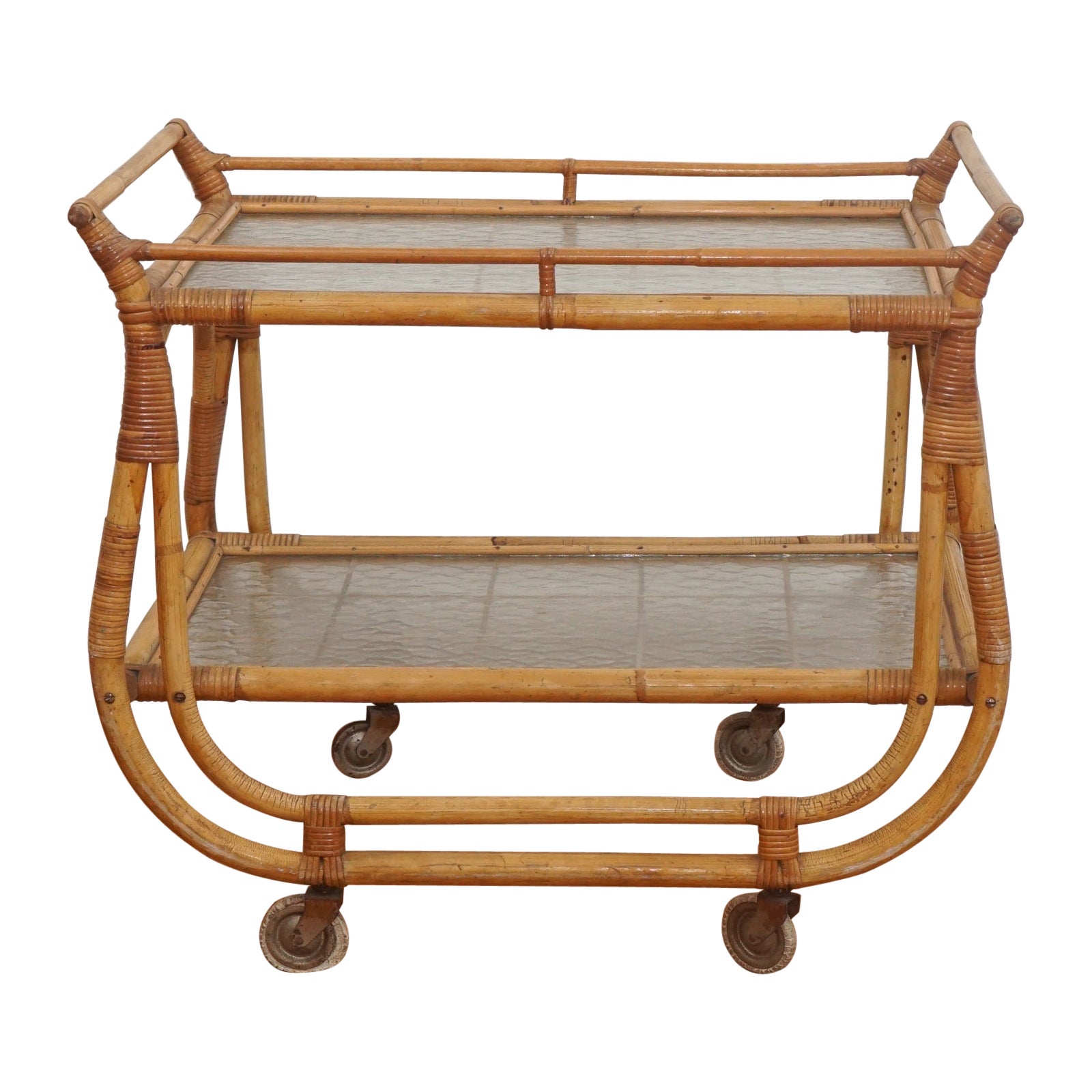 Mid Century French Bamboo Rattan Bar Cart on Casters For Sale