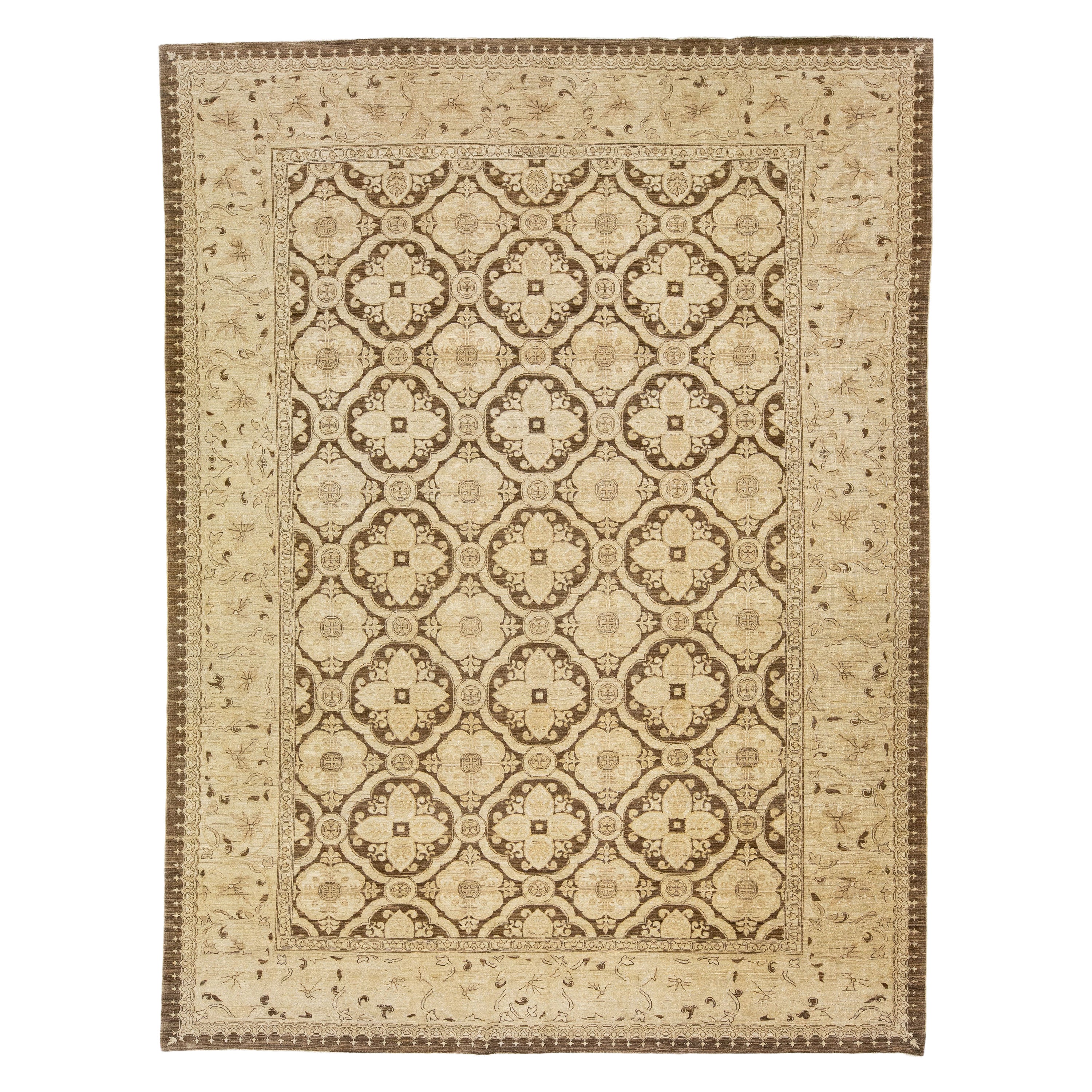 Beige & Brown Modern Handmade Indian Peshawar Wool Rug with Allover Pattern