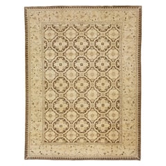 Alfombra de lana Peshawar de la India, beige y marrón, moderna y hecha a mano, con diseño integral
