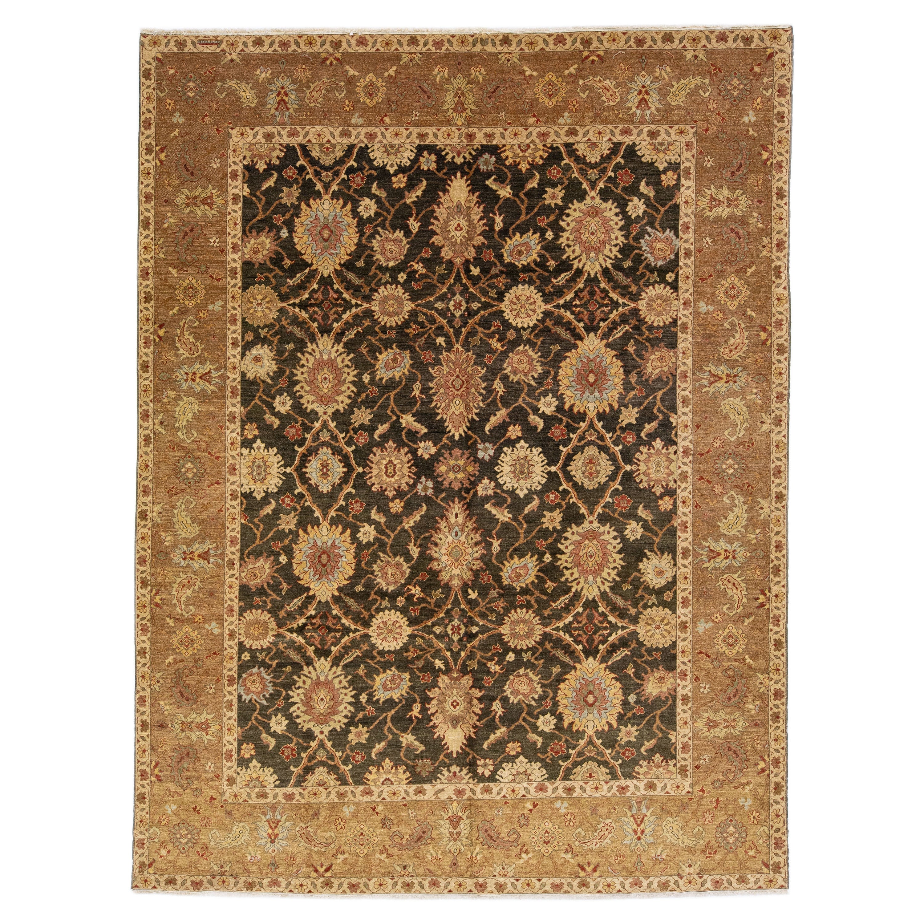 Contemporary Brown Peshawar Handmade Wool Rug with Floral Motif