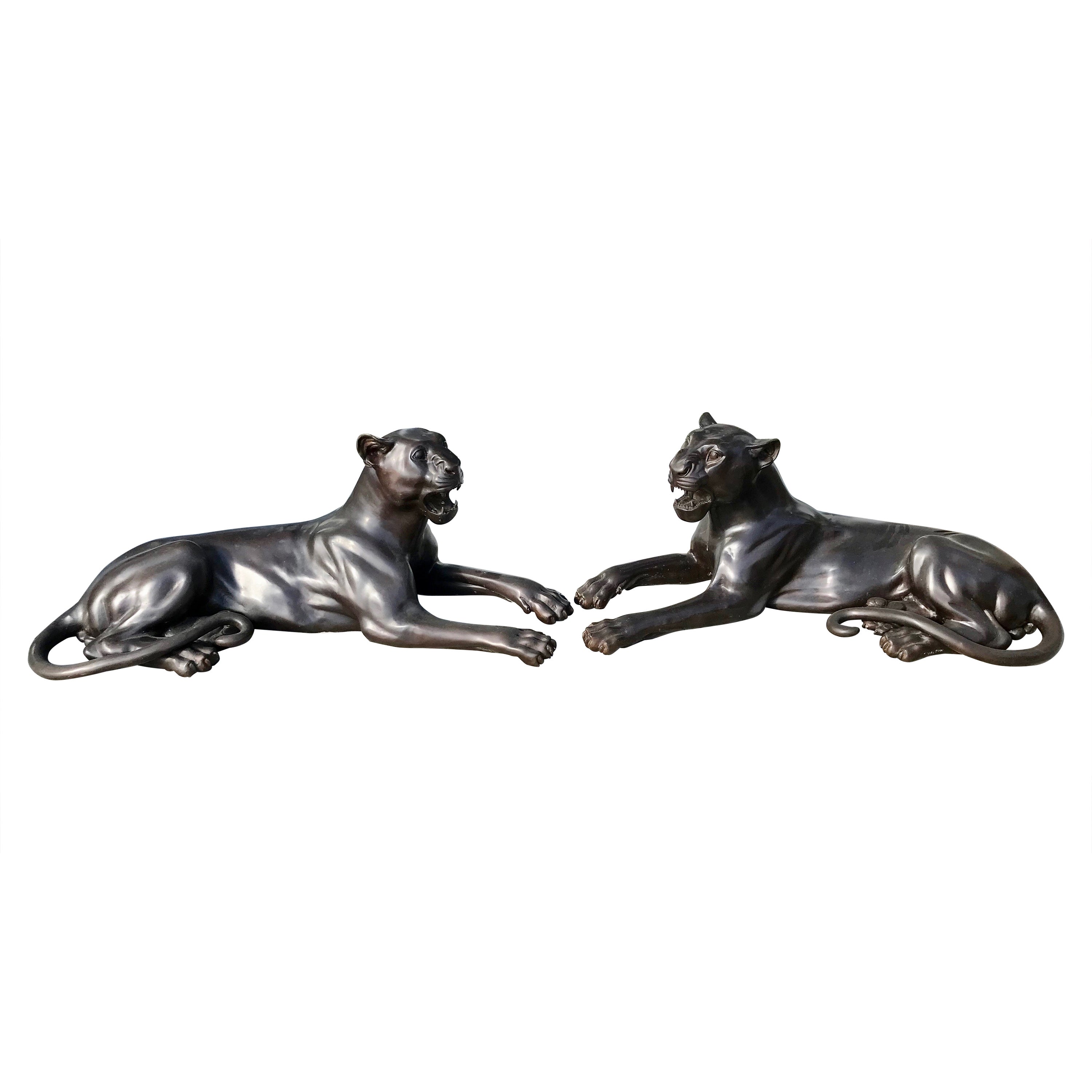 Pair of Life Size Bronze Figures of Panthers