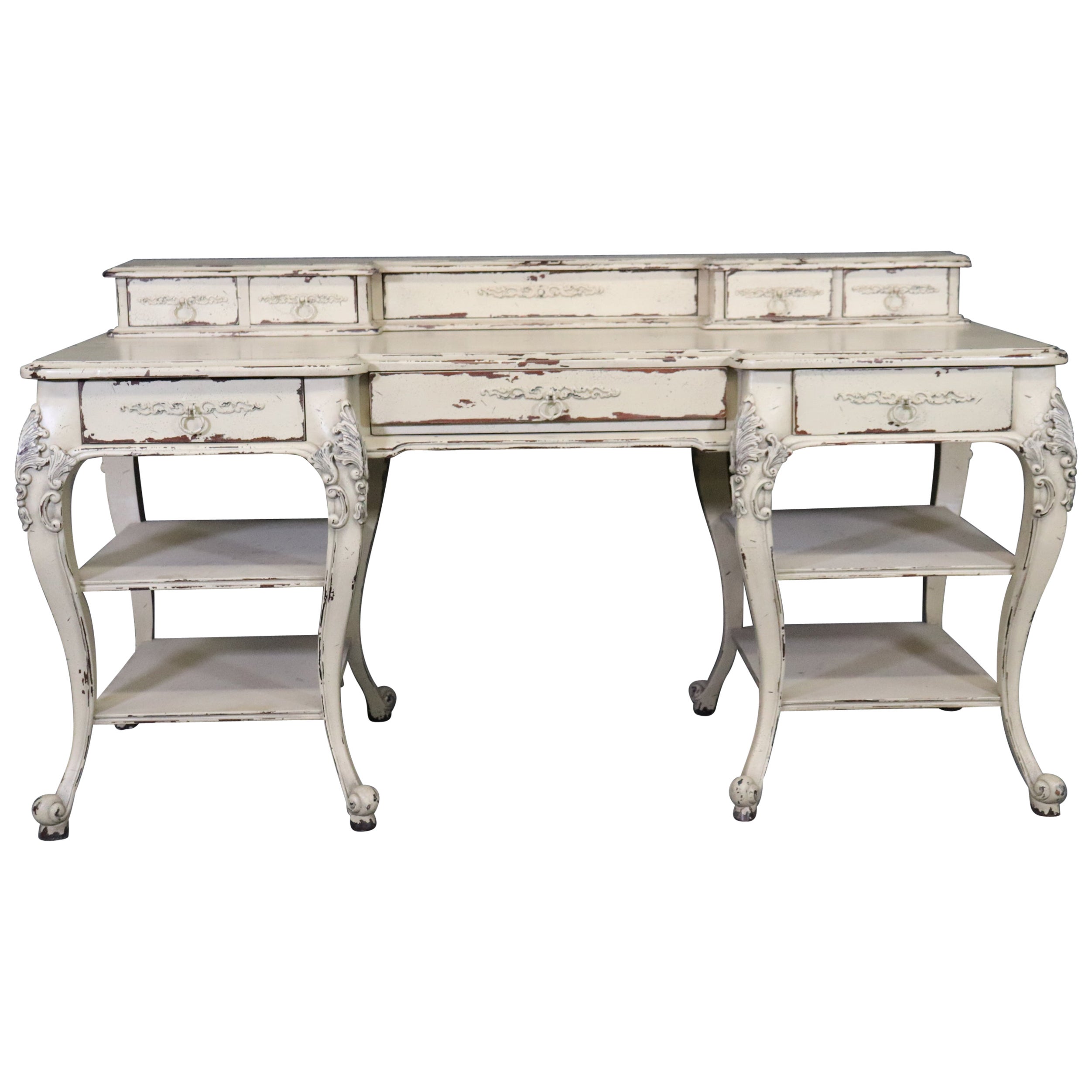 French Louis XV Style Distressed Painted Desk Writing Table