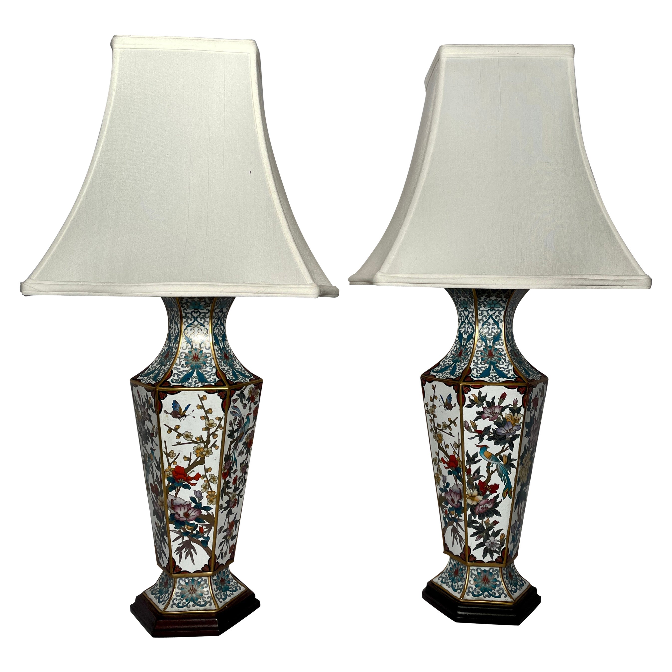 Pair Antique Chinese Cloisonné Porcelain Hexagonal Lamps, circa 1910-1920