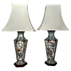 Pair Antique Chinese Cloisonné Porcelain Hexagonal Lamps, circa 1910-1920