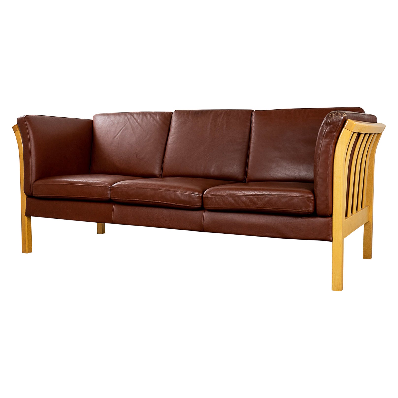 Danish Modern Beech & Leather Sofa For Sale