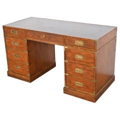 Baker Furniture Hollywood Regency Campaign Walnut Leather Top Desk, 1960s