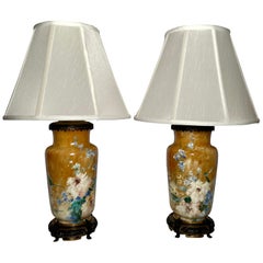 Pair Antique Japanese Bronze and Porcelain Urns Converted to Lamps, circa 1900