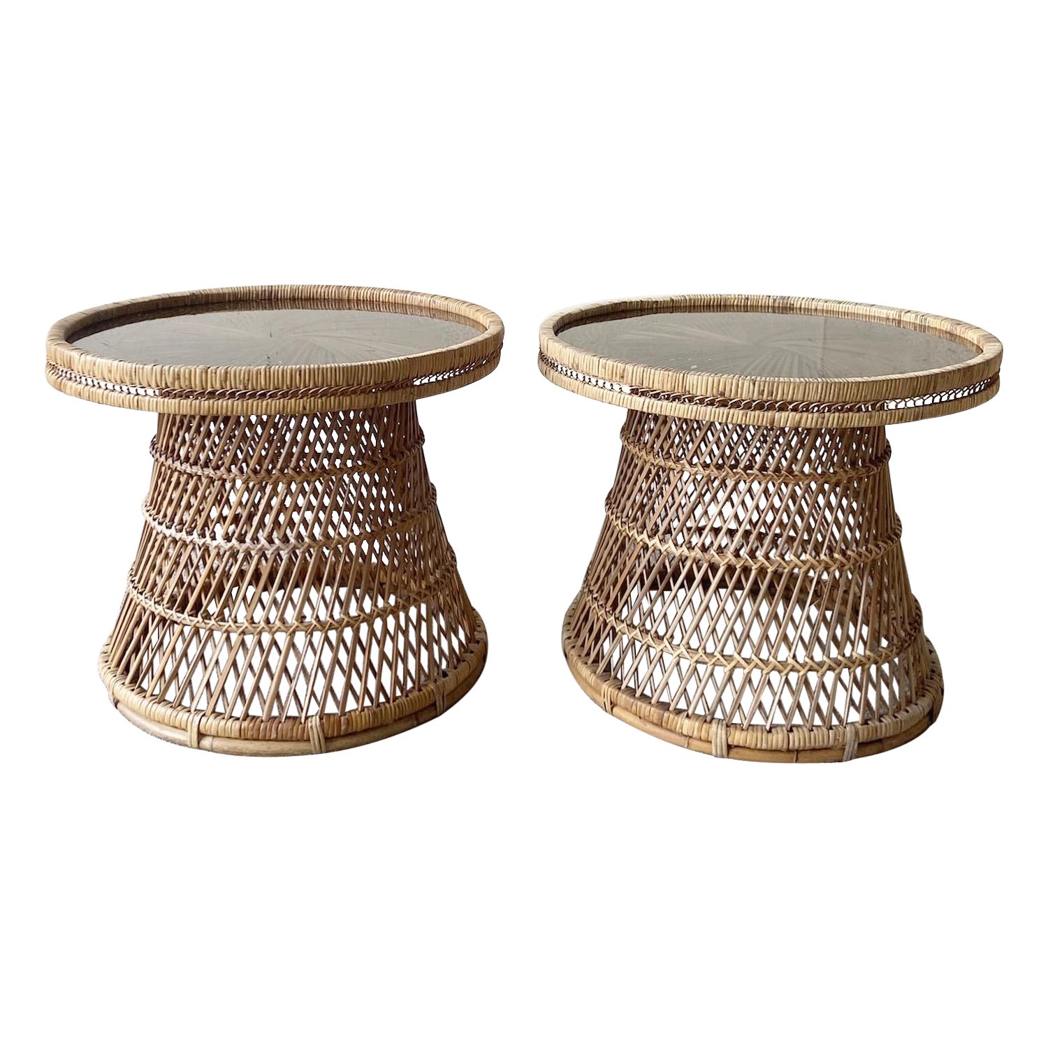 1980s Boho Chic Buri Rattan Smoked Glass Top Hour Glass Side Tables, a Pair