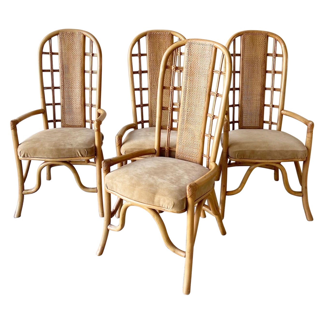 Bohemian Bamboo Rattan and Cane Dining Chairs, 4 Chairs