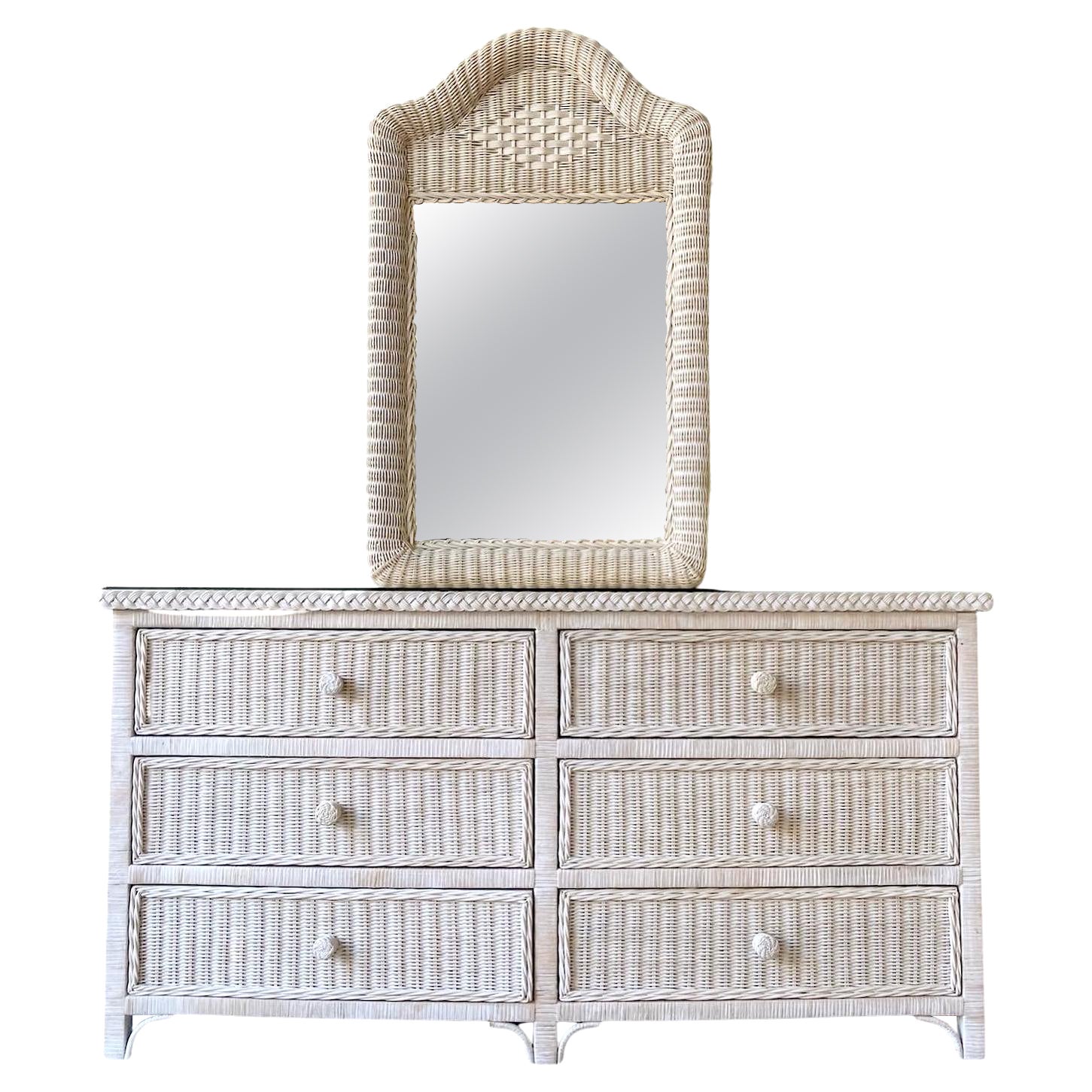 Boho Chic off White Wicker Glass Top Dresser with Mirror For Sale