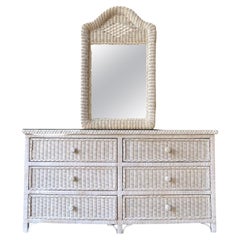 Vintage Boho Chic off White Wicker Glass Top Dresser with Mirror