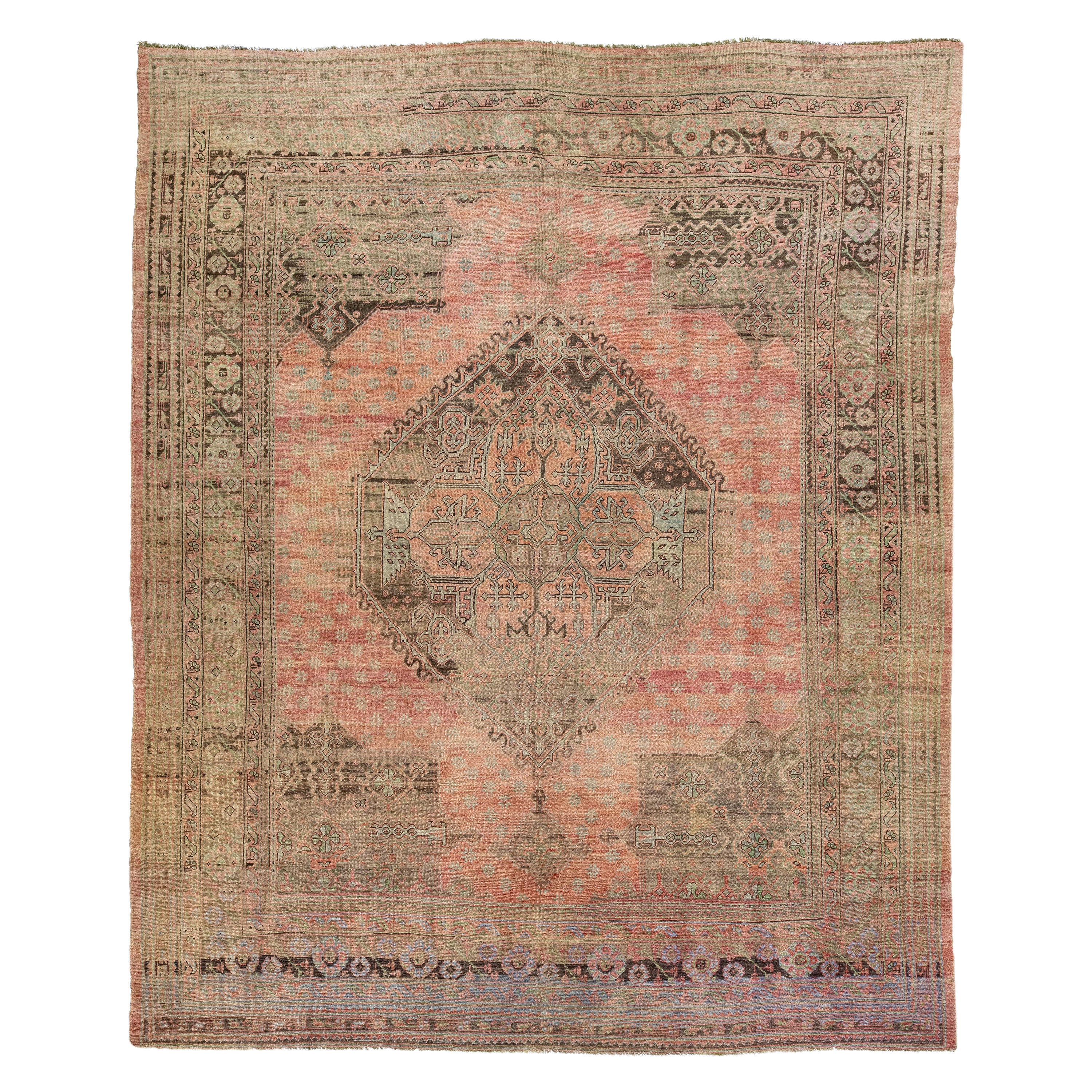 Tapis surdimensionné en laine turque Oushak ancien fait à la main de couleur rose