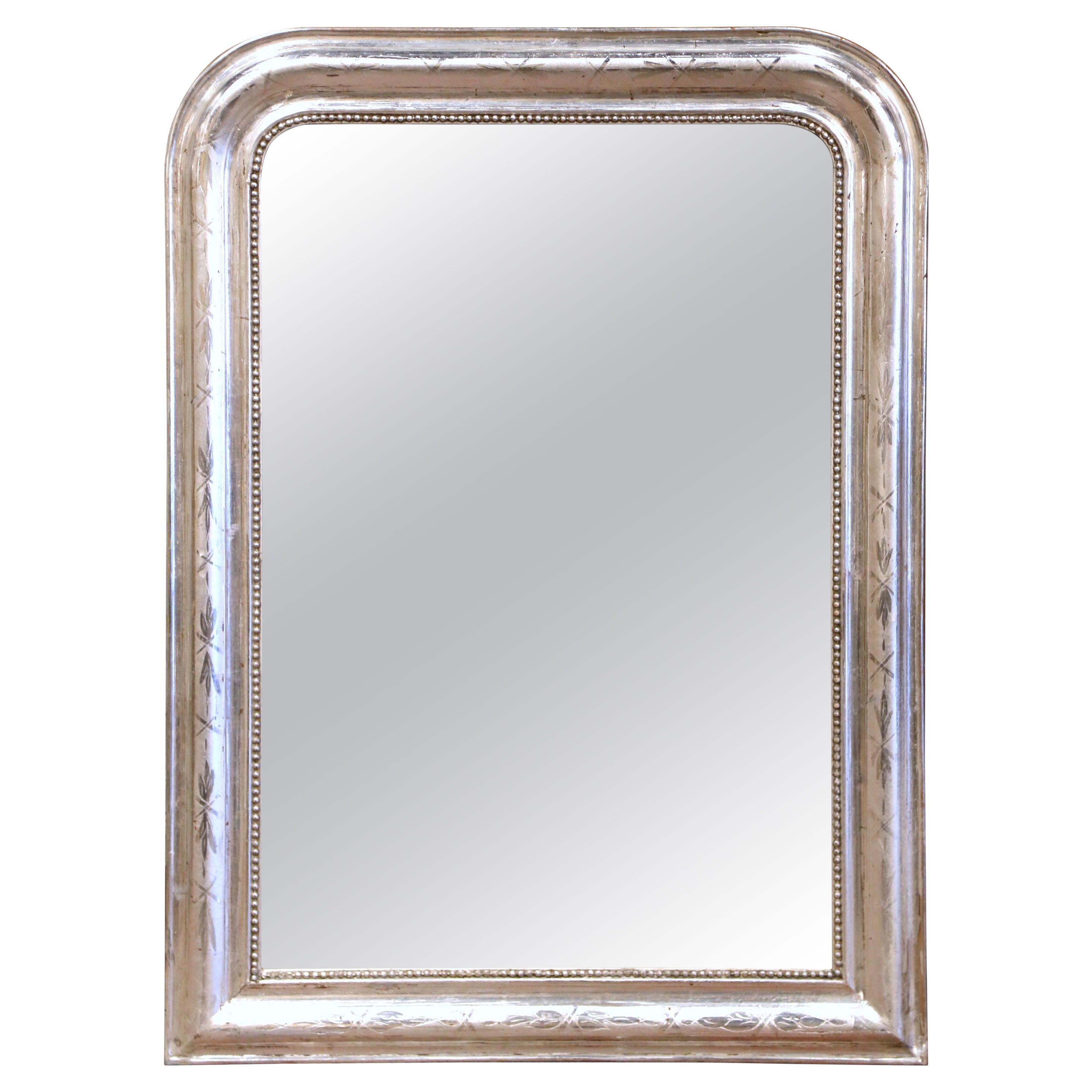 19th Century, French Louis Philippe Silver Leaf Wall Mirror with Floral Motifs For Sale