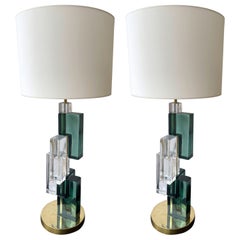 Contemporary Pair of Lamps Green Cubic Murano Glass and Brass, Italy