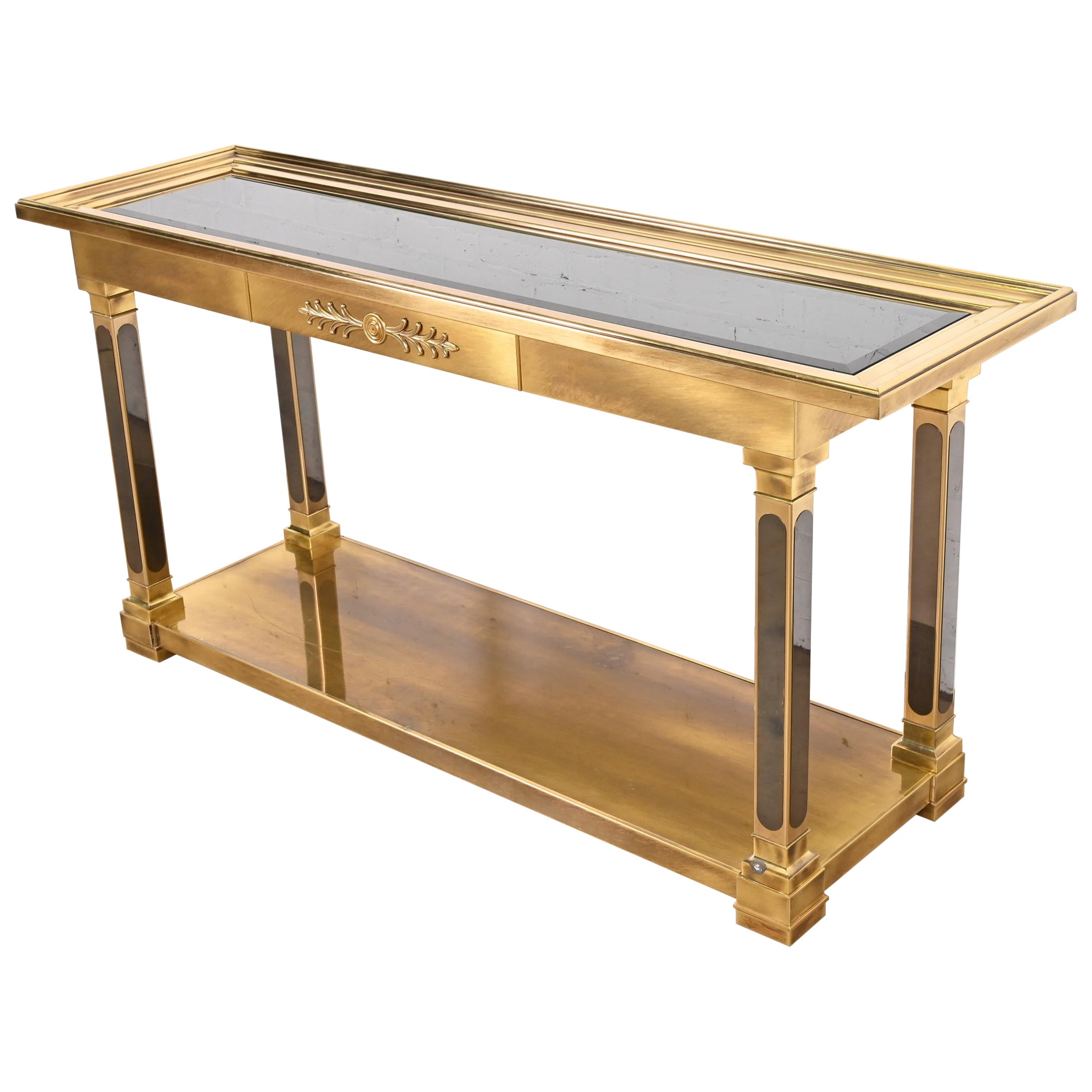 Mastercraft Hollywood Regency Brass and Smoked Glass Console Table, 1970s