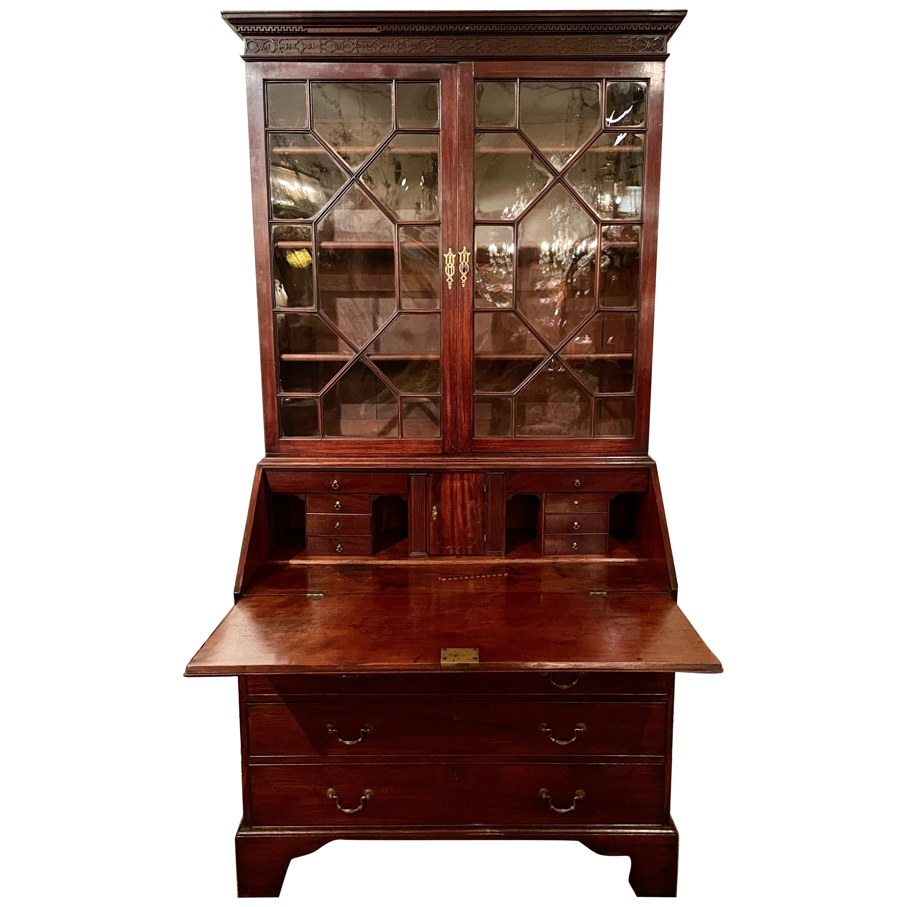Antique English Mahogany Glass Front Bureau Bookcase, circa 1830 For Sale