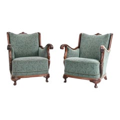 Rare Pair of Antique Carved French Mahogany Upholstered Lounge Club Chairs