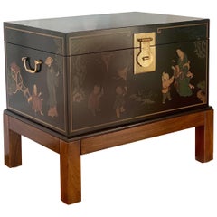 1970s, Chinoiserie Drexel Lacquer Black and Brass Chest with Stand