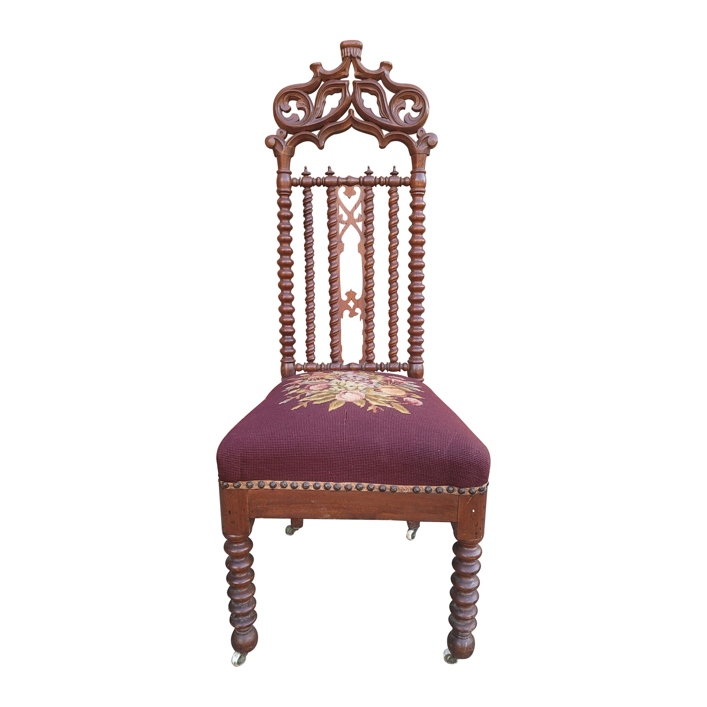 1880s' Victorian Gothic Revival Bobbin Mahogany and Needlepoint Seat Side Chair For Sale