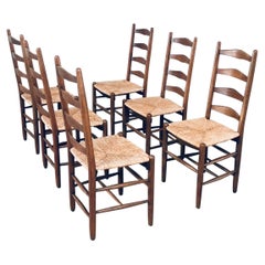 Used Rustic Handcrafted Oak & Rush Dining Chair Set, Belgium 1950's