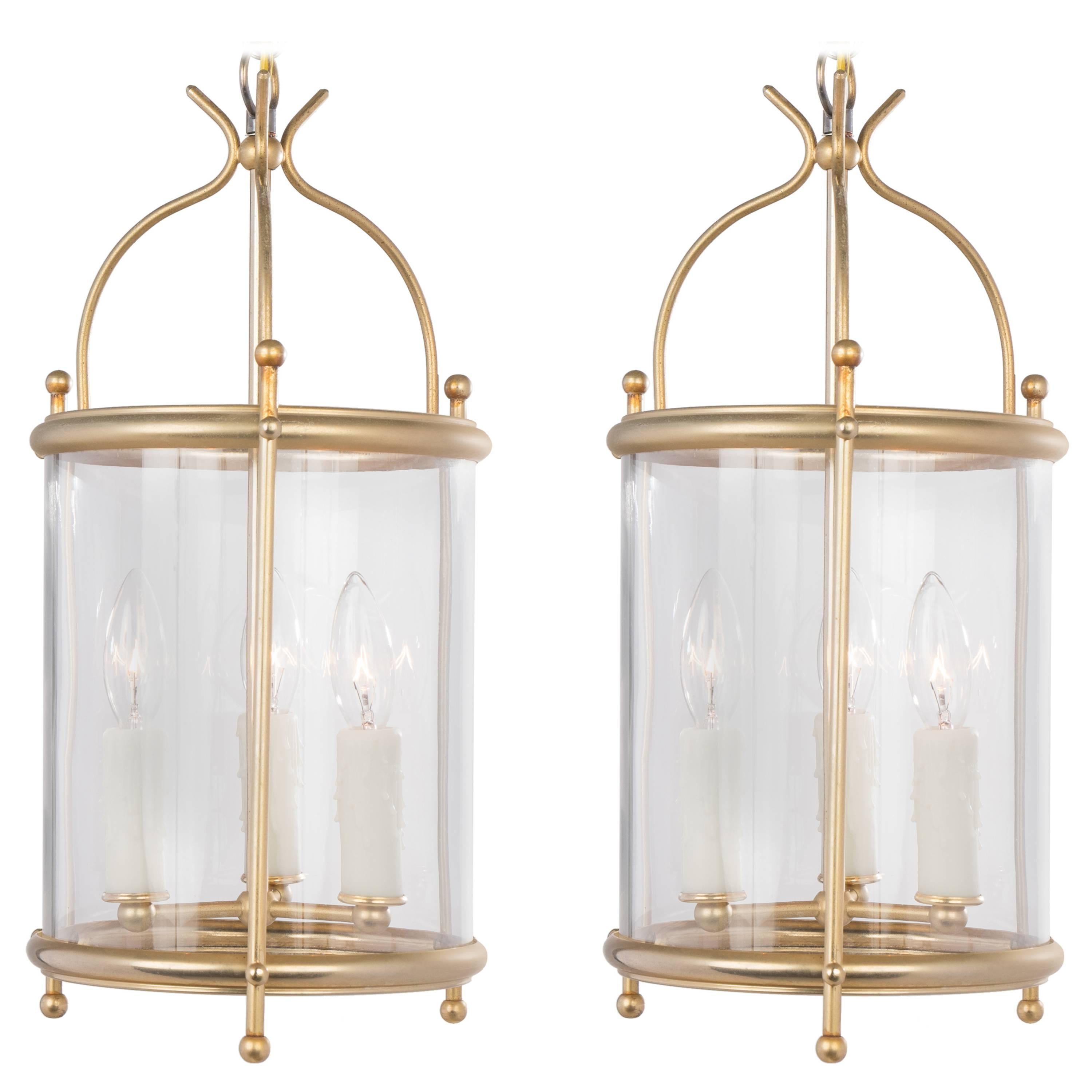 French Vintage Pair of Brass and Glass Lanterns