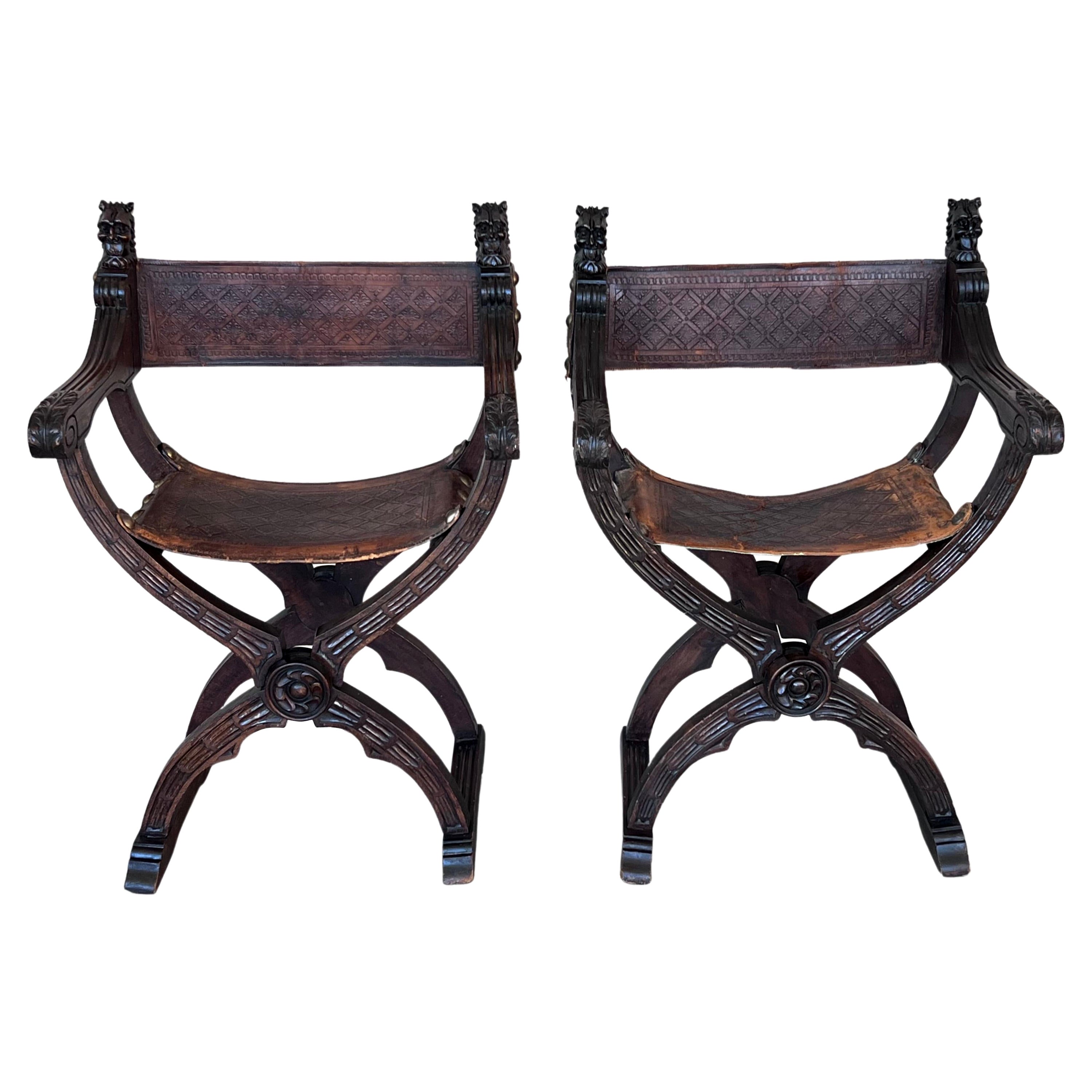 19th Century Pair of Carved Walnut Folding Scissors Savonarola Bench or Settle For Sale