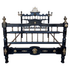 French Black Ebonized Bed with Bronze Mounts and Candle Holder , Signed