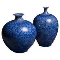 Set of 3 Albert Kiessling Blue Crystalline Ceramic Vases