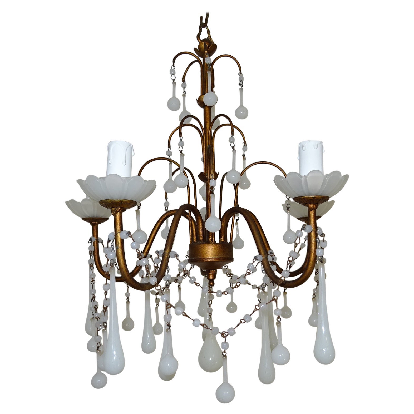 1930 French White Opaline Bobeches, Beads and Drops Chandelier For Sale