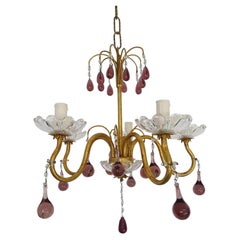 Antique French Amethyst Murano Drops Crystal Bobeches Chandelier, c 1920