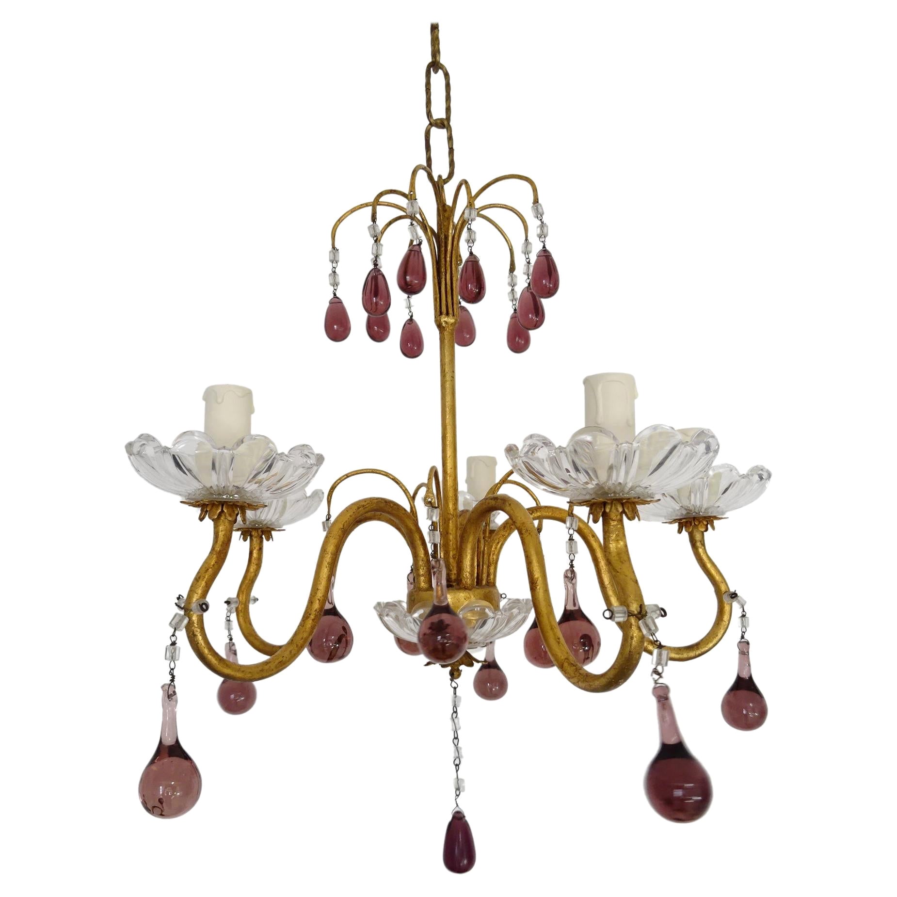 French Amethyst Murano Drops Crystal Bobeches Chandelier, c 1920 For Sale