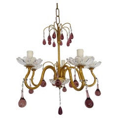 Antique French Amethyst Murano Drops Crystal Bobeches Chandelier, c 1920